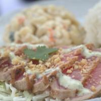 Seared Ahi Fish Plate Lunch · Wasabi cream sauce and mac nuts