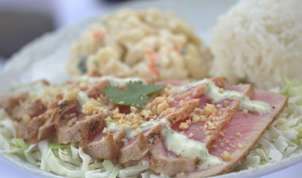 Seared Ahi Fish Plate Lunch · Wasabi cream sauce and mac nuts