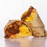 Hangover Burrito · 3 sunny side up eggs, smoked bacon, haus chili, white american cheese, crispy tots, mayo