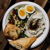 Mediterranean Breakfast · Two Burrekas, Boiled Egg, Labneh, Salad