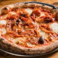 Diavola Pizza · Spicy Salami, San Marzano Tomatoes, Fresh Mozzarella, Kalamata Olives & Oregano