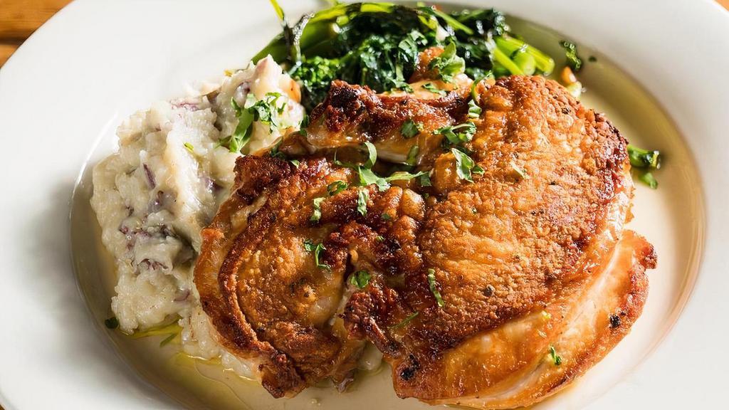 Free Range Chicken · Cooked Under a Brick w/ Broccoli Rabe & Olive Oil Mashed Potatoes