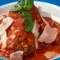 3 Polpette Al Sugo · 3 Homemade meatballs with tomato sauce and Parmigiano Reggiano.
