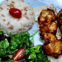 Chicken Shish · Marinated chicken thigh, rice, mix green salad.