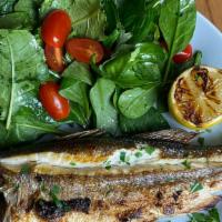 Branzino · Grilled sea bass with mix green salad.