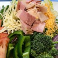 Chef Salad · Ham, turkey, green peppers, broccoli, Wisconsin cheese blend, and Cheddar cheese atop our ga...