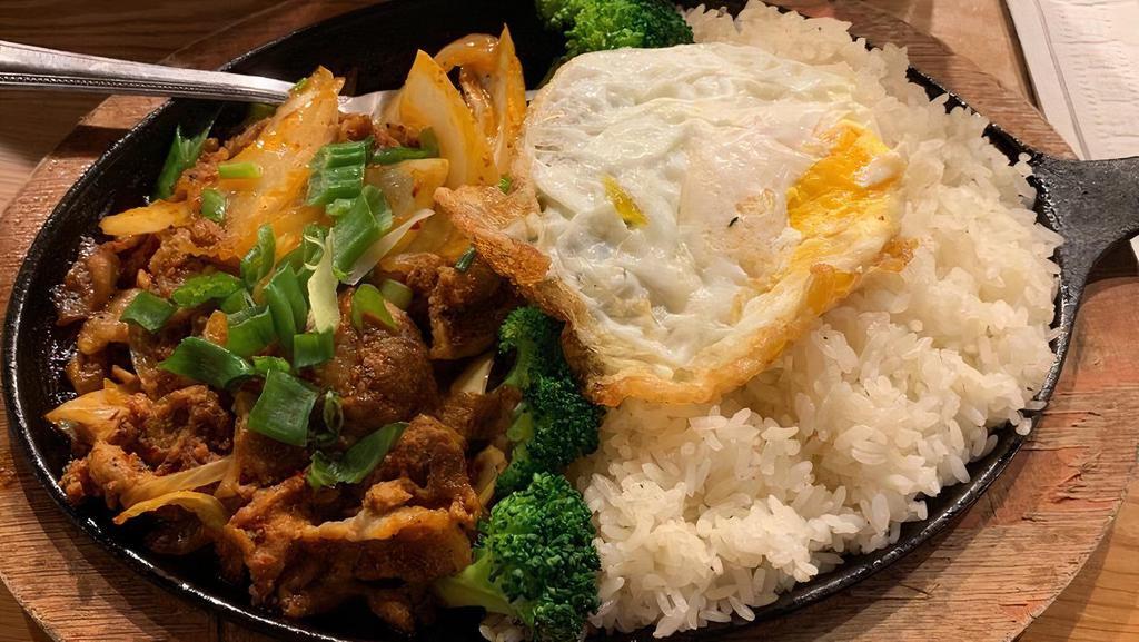 Spicy Pork Over Rice · Spicy. Spicy pork, rice, and a side of kimchi.