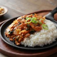 Spicy Chicken Over Rice · Spicy. Spicy chicken, rice, and a side of kimchi.