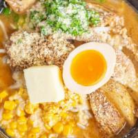 Powdered Snow Ramen · Red miso broth with parmesan & butter topped with ground pork, bean sprouts, cabbage, scalli...