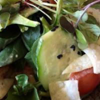 Spinach Salad · Baby spinach, grapefruit, tomato, avocado, mango, gyoza skin with sesame dressing.