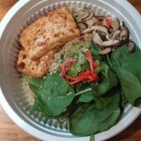 Veggie Ramen (Soy Bean Broth) · Shitake mushrooms, baby spinach,  fried tofu, red ginger, scallions.