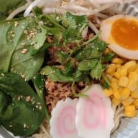 Tan Tan Ramen (Sesame Chicken Broth) · Spicy. Ground pork, fish cakes, bean sprouts, egg, corn, cilantro, baby spinach.