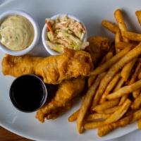 Fish & Chips · Beer Batter Cod Fish, Fries, Pub Slaw, Tartar Sauce, Malt Vinegar