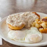 Biscuits & Sausage Gravy · Buttermilk biscuits smothered in homemade sausage gravy. 870 cal.