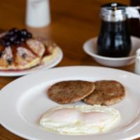 Sausage & Eggs · Our special recipe patty sausage and two large fresh eggs, served any style. Served with 3 b...