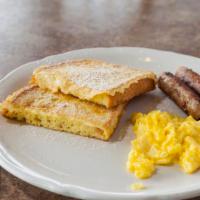 French Toast Plate · Two slices of sourdough french toast with your choice of bacon (2), canadian bacon (2), link...