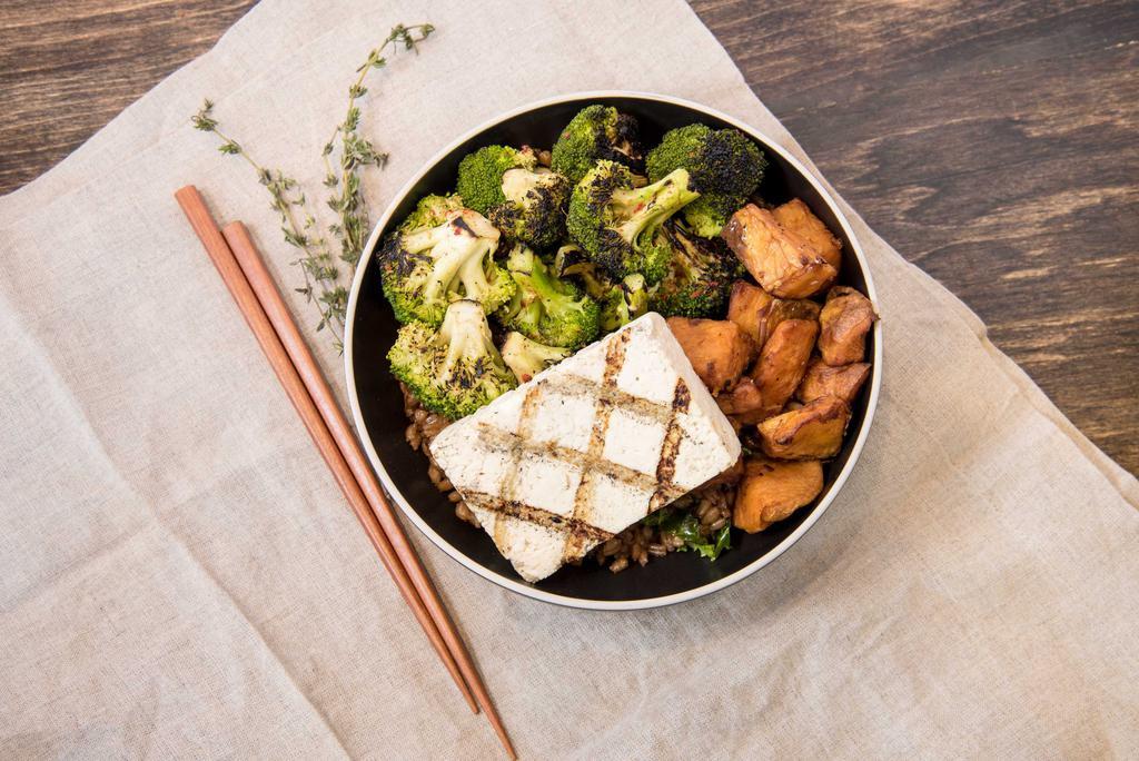 Grilled Organic Tofu Bowl · Gluten free.  Vegan. Firm organic tofu with ginger, garlic and sesame oil. Vegan. Gluten Free.