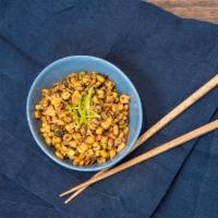 Roasted Corn & Edamame · Corn and edamame with garlic, Korean chili flakes, and toasted sesame oil. Vegan. Gluten free.