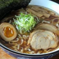 Shoyu Ramen · Chicken stock. Jin straight noodle, soy sauce flavored soup. Topped with chashu (braised por...