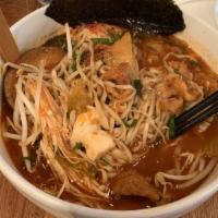 Kimchi Ramen · Hot. Chicken broth, jin noodle, topped with enoki mushrooms, scallions, tofu, sesame seeds, ...