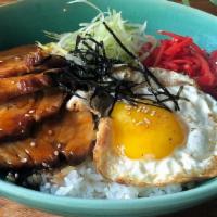 Chashu Don · Braised pork belly served over rice with fried egg, pickled ginger, scallions, sesame seeds,...