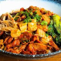Spicy Pork Kimchi Don · Medium-hot. Sautéed sliced pork, tofu, kimchi, and enoki mushroom, served with sweet and spi...