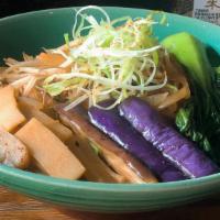 Yasai Don · Mild, vegetarian. Eggplant, baby bok choy, sliced onions, bean sprouts, enoki mushrooms, shi...