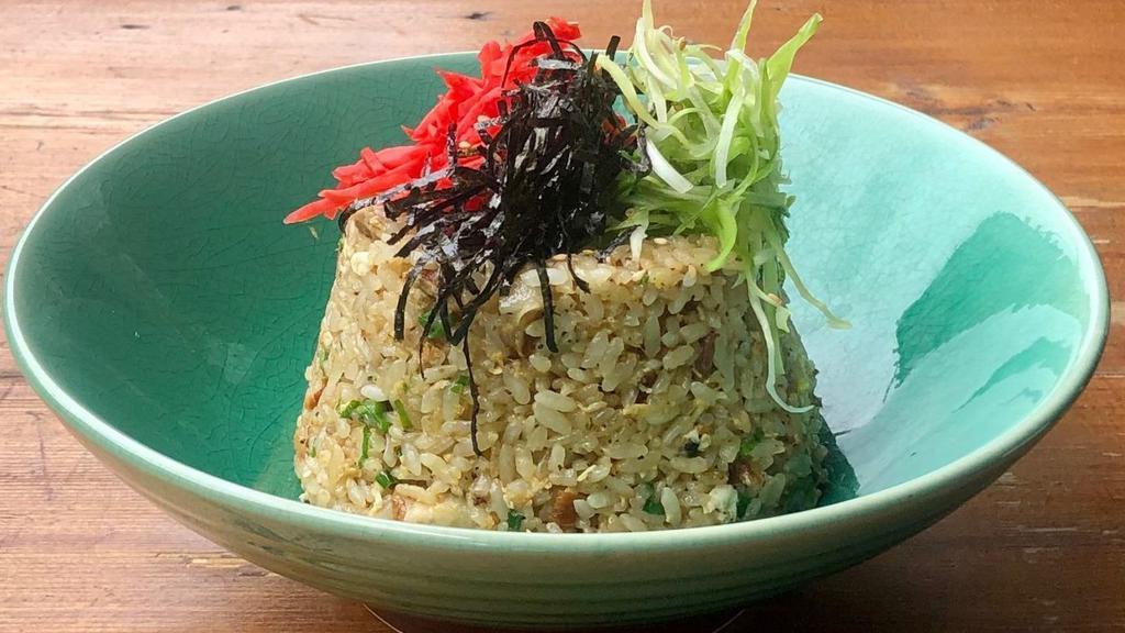 Chashu Pork Fried Rice · Topped with green scallions, shredded nori, beni shoga, and sprinkled with sesame seeds.