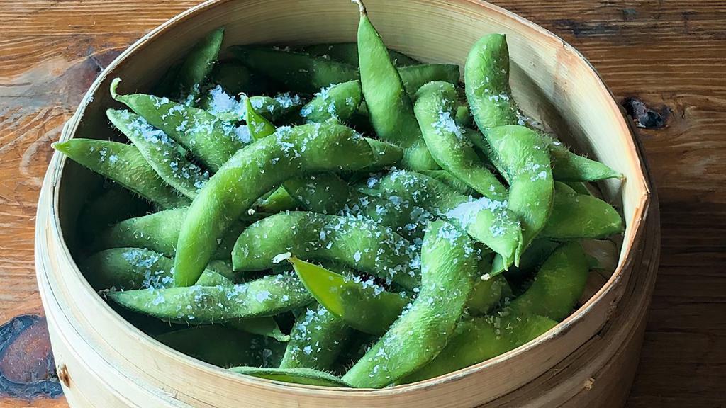 Edamame · Boiled soybean pods tossed in sea salt.