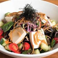 Tofu Salad · Soft tofu, red leaf, iceberg lettuce, cucumber, and tomato with a creamy sesame dressing, cr...