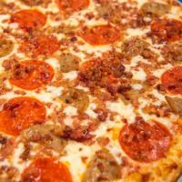 Meat Lover'S Pizza · Pepperoni and sausage. Baked until the top bubbles and the bottom is crisp.
