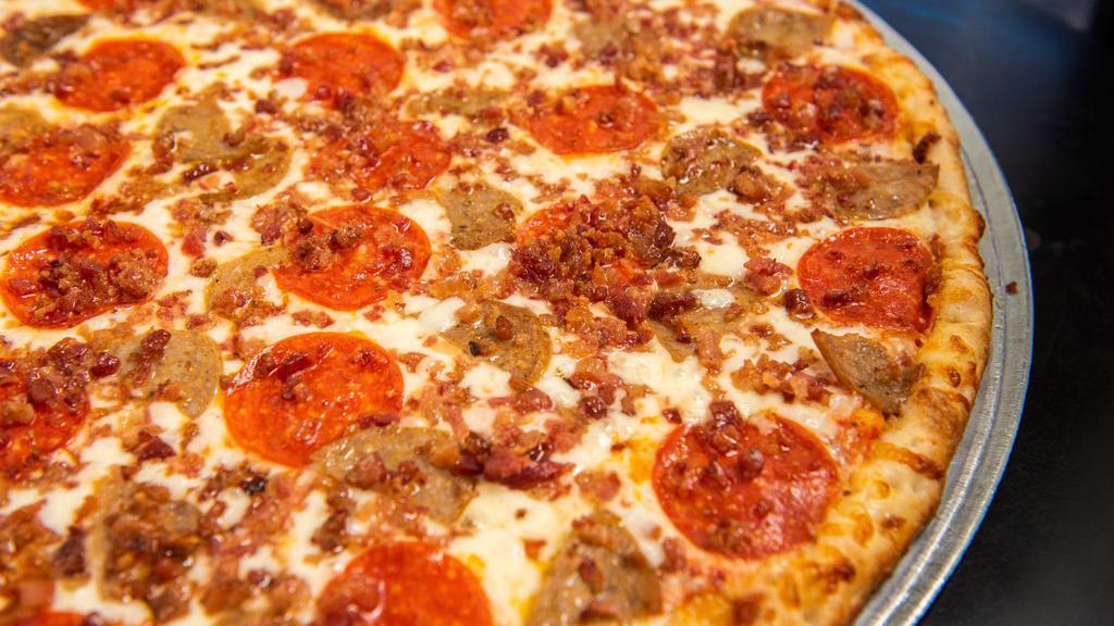 Meat Lover'S Pizza · Pepperoni and sausage. Baked until the top bubbles and the bottom is crisp.