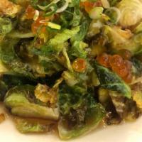 Crispy Brussel Sprouts · served with Ikura, scallion, yuzu dressing and vinaigrette