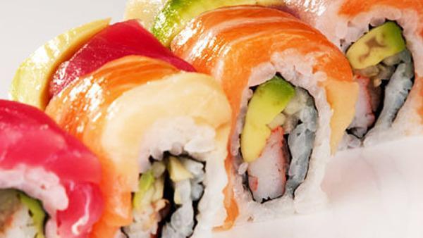 Rainbow Roll · California roll topped with tuna, salmon, white fish, avocado and caviar.