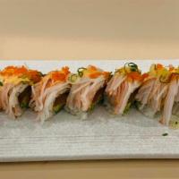 American Dream Roll · salmon cucumber avocado inside spicy crab on top with masago and scallion