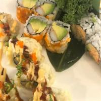 Maki Combo Entrée · California roll, California tempura roll and a snow crab avocado roll.