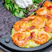 Grilled Shrimp Fajita Platter · Served over rice with black beans, sour cream, pico de gallo, and two soft flour tortillas.