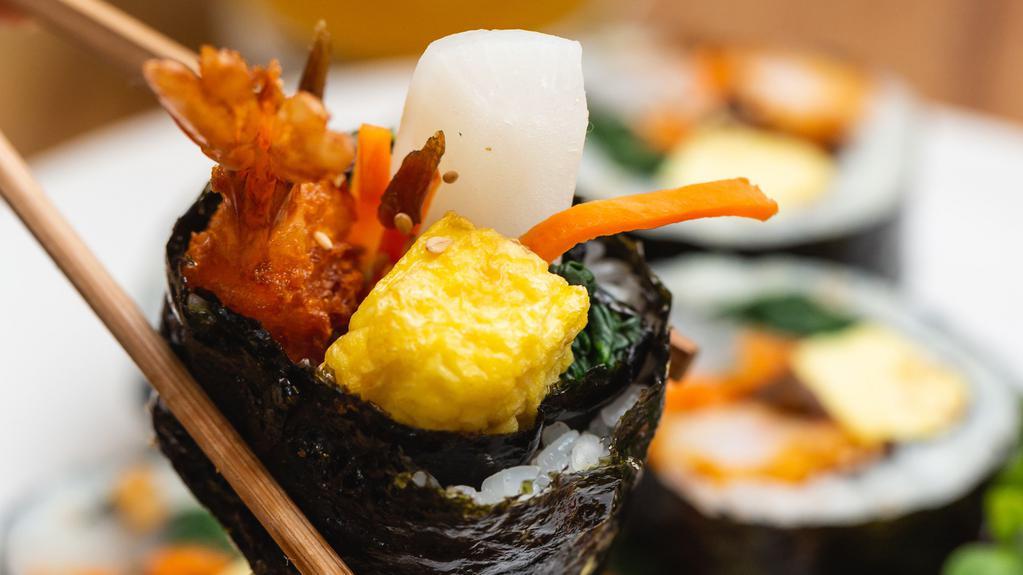 Oppa’S Gimbap - Rice Seed Rolls · Vegetarian. Choice of short rib, shrimp or vegetables. White rice, egg, carrots, radish, spinach, Asian burdock root, hand rolled in seaweed wrap.