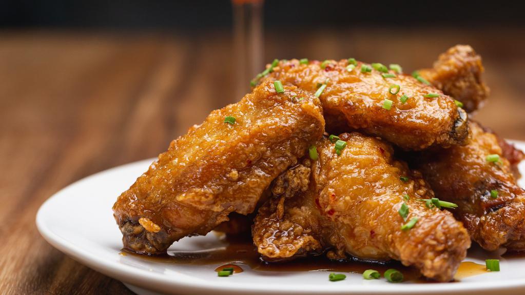 Kfc Korean Fried Chicken Wings (6 Pcs) · Free range organic chicken wings, diped in traditional Korean batter, tossed in your choice of soy garlic, spicy gochujang, or salt and white pepper.