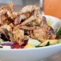 Soft-Shell Crab Salad · Soft-shell crab with mango, avocado, red onion and cashew nuts with chili lime juice.