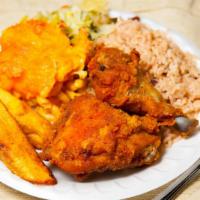 Fried Chicken · Crunchy fried chicken served with rice or mac 'n cheese, vegetable and sweet plantain. Inclu...