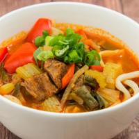 Uyghur Lagman Soup · Hand-pulled noodle soup with meat and vegetables.