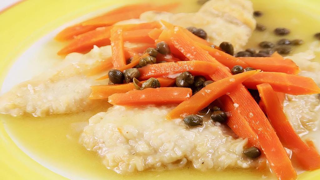 Filé De Frango Carioca · Pan-seared chicken cutlets with garlic, buttery white wine sauce, capers and julienned carrots.