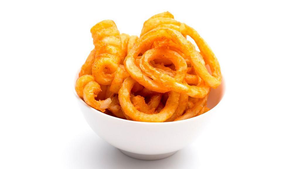 Curly Fries · Fresh hand cut potatoes cut into curly shapes.