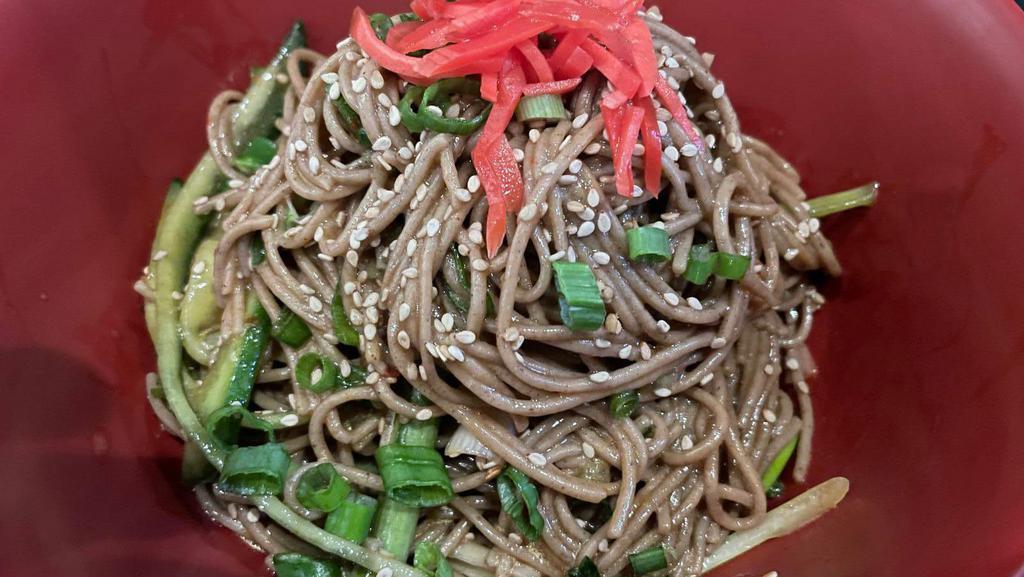 Sesame Soba · Chilled Buckwheat Soba Noodles in a House Sesame Dressing, Toasted Sesame, Scallions, Cucumber, Red Ginger, Sisho