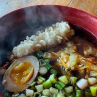 Shrimp Tempura Udon · Long udon noodles, tsuyu, scallions, broccolini, shrimp tempura, with broth