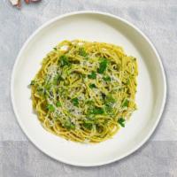 Linguine Fine Pesto · Fresh linguine cooked with garden fresh basil, pine nuts, and parmigiano.