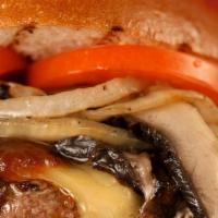 Saucey Burger · Portobello + grilled onions + swiss + New York Burger sauce