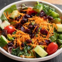 House Salad · Baby greens + kale + cucumbers + tomatoes + carrots + dried cranberries