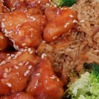 Sesame Chicken · With chicken fried rice white rice or brown rice and choice of soup: wonton egg drop hot and...